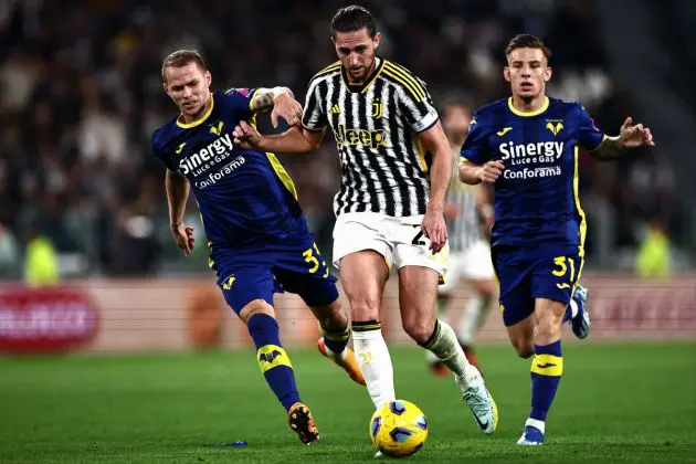 Juventus midfielder Adrien Rabiot (C) fights for the ball with Hellas Verona midfielder Ondrej Duda (L) during the Italian Serie A football match Juventus vs Hellas Verona at the "Allianz Stadium" in Turin on October 28, 2023. Juventus won 1-0 over Verona. (Photo by MARCO BERTORELLO / AFP) (Photo by MARCO BERTORELLO/AFP via Getty Images)