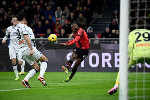 AC Milan forward #10 Rafael Leao (C) takes a shot to score a goal during the Italian Serie A football match between Milan AC and Atalanta at San Siro stadium in Milan on February 25, 2024. (Photo by Isabella BONOTTO / AFP) (Photo by ISABELLA BONOTTO/AFP via Getty Images)