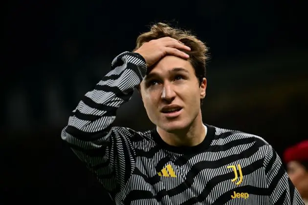 Juventus forward #07 Federico Chiesa looks on before the Italian Serie A football match between Milan and Juventus at San Siro Stadium, in Milan on October 22, 2023. (Photo by Marco BERTORELLO / AFP) (Photo by MARCO BERTORELLO/AFP via Getty Images)