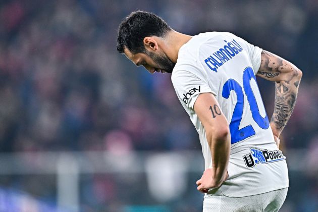 GENOA, ITALY - DECEMBER 29: Hakan Calhanoglu of Inter reacts with disappointment after the Serie A TIM match between Genoa CFC and FC Internazionale at Stadio Luigi Ferraris on December 29, 2023 in Genoa, Italy. (Photo by Simone Arveda/Getty Images)