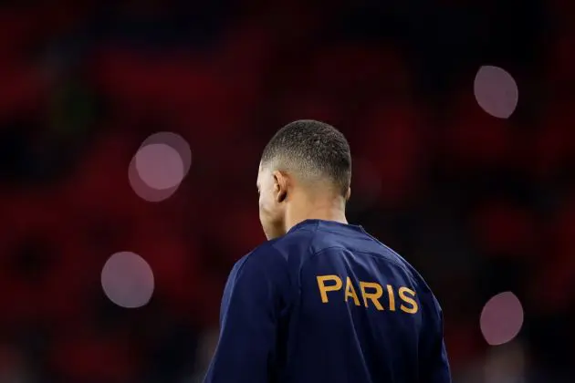 PARIS, FRANCE - FEBRUARY 14: Kylian Mbappe of PSG during the UEFA Champions League 2023/24 round of 16 first leg match between Paris Saint-Germain and Real Sociedad at Parc des Princes on February 14, 2024 in Paris, France. (Photo by Alex Pantling/Getty Images)