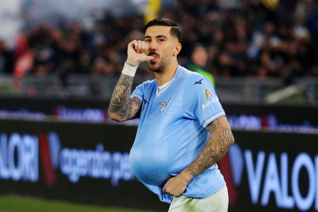 ROME, ITALY - JANUARY 10: Mattia Zaccagni of SS Lazio celebrates scoring his team's first goal during the Coppa Italia match between SS Lazio and AS Roma at Stadio Olimpico on January 10, 2024 in Rome, Italy. (Photo by Paolo Bruno/Getty Images)