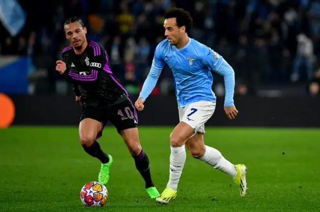 ROME, ITALY - FEBRUARY 13: Felipe Anderson of SS Lazio compete for the ball with Leroy Sanè of Bayern Munchen during the UEFA Champions League match against SS Lazio and Bayern Munchen at Formello sport centre on February 13, 2024 in Rome, Italy. (Photo by Marco Rosi - SS Lazio/Getty Images)