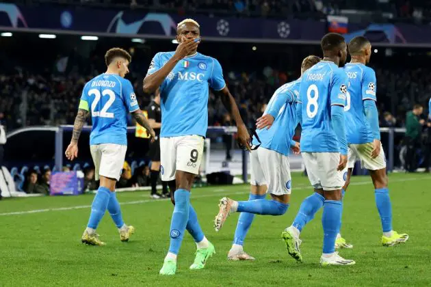NAPLES, ITALY - FEBRUARY 21: Victor Osimhen of SSC Napoli celebrates scoring his team's first goal during the UEFA Champions League 2023/24 round of 16 first leg match between SSC Napoli and FC Barcelona at Stadio Diego Armando Maradona on February 21, 2024 in Naples, Italy. (Photo by Francesco Pecoraro/Getty Images)