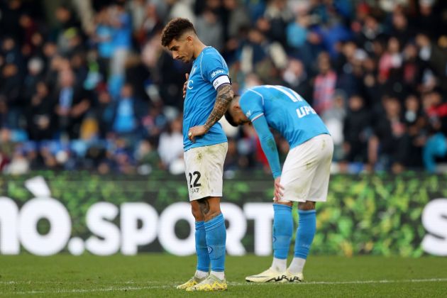 NAPLES, ITALY - FEBRUARY 17: Giovanni Di Lorenzo of SSC Napoli shows his disappointment after the Serie A TIM match between SSC Napoli and Genoa CFC - Serie A TIM at Stadio Diego Armando Maradona on February 17, 2024 in Naples, Italy. (Photo by Francesco Pecoraro/Getty Images)