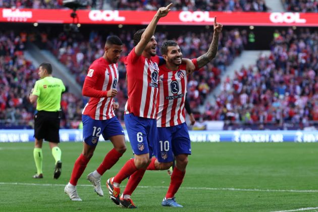 TOPSHOT - Atletico Madrid forward #10 Angel Correa (R) celebrates scoring his team's fourth goal, with Atletico Madrid's Spanish midfielder #06 Koke, during the Spanish league football match between Club Atletico de Madrid and UD Las Palmas at the Metropolitano stadium in Madrid on February 17, 2024. (Photo by Pierre-Philippe MARCOU / AFP) (Photo by PIERRE-PHILIPPE MARCOU/AFP via Getty Images)