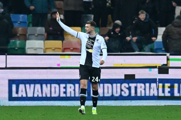 UDINE, ITALY - JANUARY 20: Lazar Samardzic of Udinese Calcio celebrates scoring his team's first goal during the Serie A TIM match between Udinese Calcio and AC Milan at Dacia Arena on January 20, 2024 in Udine, Italy. (Photo by Alessandro Sabattini/Getty Images)