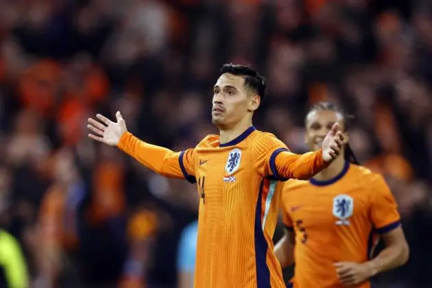 Milan midfielder Tijjani Reijnders of the Netherlands celebrates scoring the 1-0 opening goal during the friendly soccer match between Netherlands and Scotland, in Amsterdam, Netherlands, 22 March 2024. EPA-EFE/MAURICE VAN STEEN