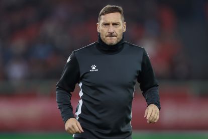 WUHAN, CHINA - NOVEMBER 26: Former Italian football player Francesco Totti reacts during the 2023 World Super-footballer Games between American Star Team and European Star Team at Wuhan Sports Center on November 26, 2023 in Wuhan, China. (Photo by Wang He/Getty Images)