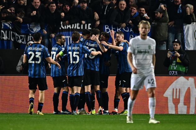 Atalanta's players celebrate scoring their team's second goal during the UEFA Europa League last 16 second leg football match between Atalanta and Sporting CP at the Atleti Azzurri d'Italia Stadium in Bergamo on March 14, 2024. (Photo by GABRIEL BOUYS / AFP) (Photo by GABRIEL BOUYS/AFP via Getty Images)