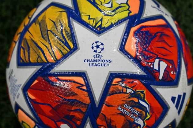 A picture shows the official ball with the logo of the Champions League before the UEFA Champions League last 16 first leg football match Inter Milan vs Atletico Madrid at the San Siro stadium in Milan on February 20, 2024. (Photo by GABRIEL BOUYS / AFP) (Photo by GABRIEL BOUYS/AFP via Getty Images)