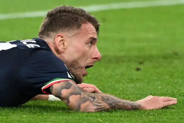 Lazio's Italian forward #17 Ciro Immobile falls during the UEFA Champions League round of 16, second-leg football match between FC Bayern Munich and Lazio in Munich, southern Germany on March 5, 2024. (Photo by Kirill KUDRYAVTSEV / AFP) (Photo by KIRILL KUDRYAVTSEV/AFP via Getty Images)