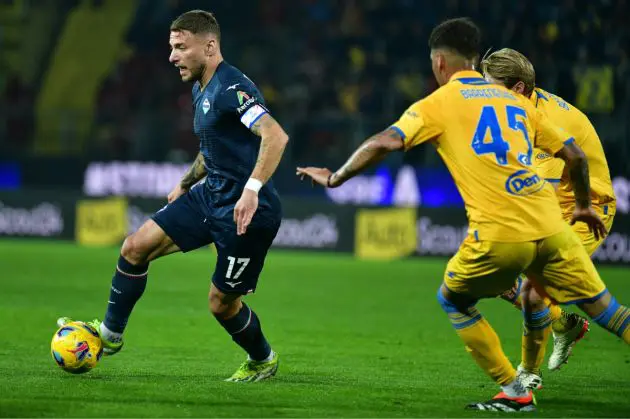 FROSINONE, ITALY - MARCH 16: Ciro Immobile of SS Lazio compete for the ball with Enzo Barreneche of Frosinone Calcio during the Serie A TIM match between Frosinone Calcio and SS Lazio at Stadio Benito Stirpe on March 16, 2024 in Frosinone, Italy. (Photo by Marco Rosi - SS Lazio/Getty Images)
