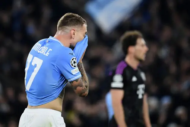 Lazio's Italian forward #17 Ciro Immobile reacts during the UEFA Champions League last 16 first leg between Lazio and Bayern Munich at the Olympic stadium on February 14, 2024 in Rome. (Photo by Filippo MONTEFORTE / AFP) (Photo by FILIPPO MONTEFORTE/AFP via Getty Images)