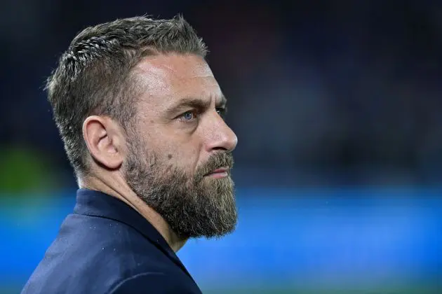Roma's Italian coach Daniele De Rossi reacts ahead of the UEFA Europa League round of 16 second leg football match between Brighton and Roma at the American Express Community Stadium in Brighton, southern England on March 14, 2024. (Photo by Glyn KIRK / AFP) (Photo by GLYN KIRK/AFP via Getty Images)