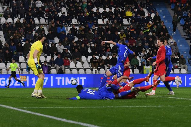 FERRARA, ITALY - MARCH 26: Daniele Ghilardi of Italy U2 Luis Hasa of Italy U21 scores the opening goal during the UEFA Under21 EURO Qualifier match between Italy U21 and Turkey U21 at Stadio Paolo Mazza on March 26, 2024 in Ferrara, Italy. (Photo by Alessandro Sabattini/Getty Images)