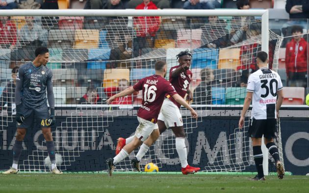 UDINE, ITALY - MARCH 16: Duvan Zapata of Torino celebrates scoring a goal during the Serie A TIM match between Udinese Calcio and Torino FC at Bluenergy Stadium on March 16, 2024 in Udine, Italy. (Photo by Timothy Rogers/Getty Images)