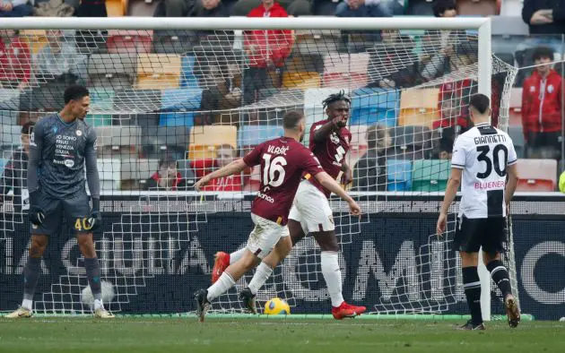 UDINE, ITALY - MARCH 16: Duvan Zapata of Torino celebrates scoring a goal during the Serie A TIM match between Udinese Calcio and Torino FC at Bluenergy Stadium on March 16, 2024 in Udine, Italy. (Photo by Timothy Rogers/Getty Images)