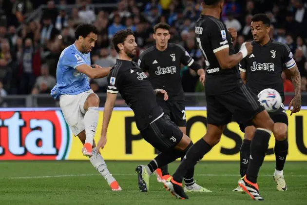 Lazio's Brazilian midfielder #07 Felipe Anderson (L) kicks the ball during the Italian Serie A football match between Lazio and Juventus at the Olympic stadium in Rome, on March 30, 2024. (Photo by Filippo MONTEFORTE / AFP) (Photo by FILIPPO MONTEFORTE/AFP via Getty Images)