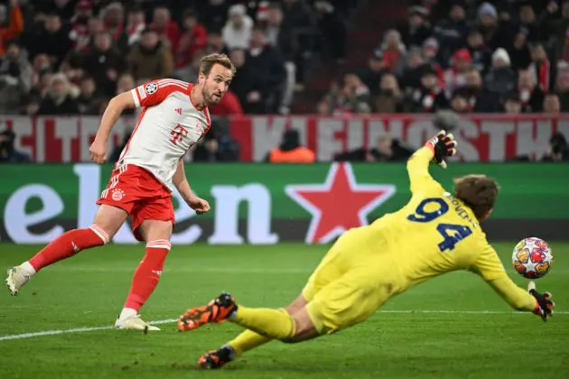 Bayern Munich's English forward #09 Harry Kane (L) scores the 3-0 past Lazio's Italian goalkeeper #94 Ivan Provedel during the UEFA Champions League round of 16, second-leg football match between FC Bayern Munich and Lazio in Munich, southern Germany on March 5, 2024. (Photo by Kirill KUDRYAVTSEV / AFP) (Photo by KIRILL KUDRYAVTSEV/AFP via Getty Images)