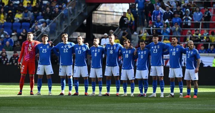 HARRISON, NEW JERSEY - MARCH 24: Players of Italy sing the national anthem prior to the International Friendly match between Ecuador and Italy at Red Bull Arena on March 24, 2024 in Harrison, New Jersey. (Photo by Claudio Villa/Getty Images)