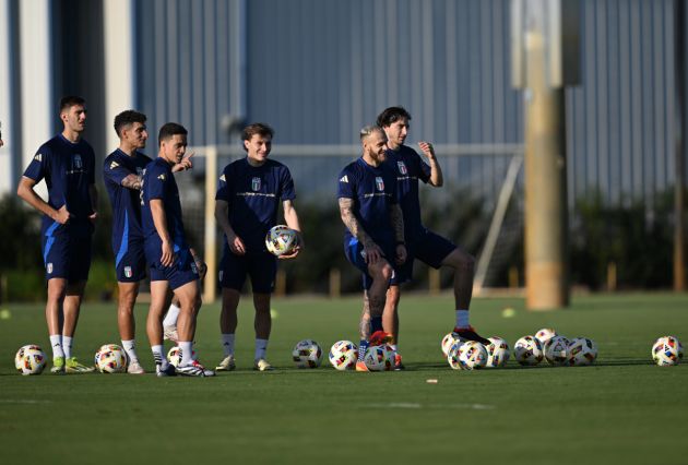 FORT LAUDERDALE, FLORIDA - MARCH 20: Italian national team football players in action during a training session at Chase Stadium on March 20, 2024 in Fort Lauderdale, Florida. (Photo by Claudio Villa/Getty Images)