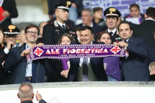 FLORENCE, ITALY - OCTOBER 27: Dario Nardella mayor of Florence (L) Joe Barone (C) and Joseph Commisso (R) during the Serie A match between ACF Fiorentina and SS Lazio at Stadio Artemio Franchi on October 27, 2019 in Florence, Italy. (Photo by Gabriele Maltinti/Getty Images)