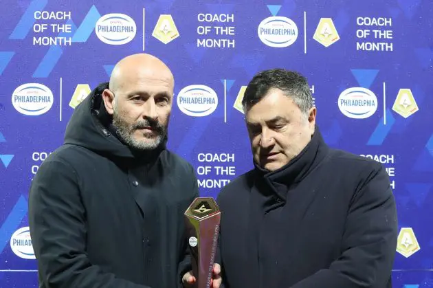 FLORENCE, ITALY - JANUARY 14: Vincenzo Italiano coach of the month and joe Barone of ACF Fiorentina during the Serie A TIM match between ACF Fiorentina and Udinese Calcio - Serie A TIM at Stadio Artemio Franchi on January 14, 2024 in Florence, Italy. (Photo by Gabriele Maltinti/Getty Images)