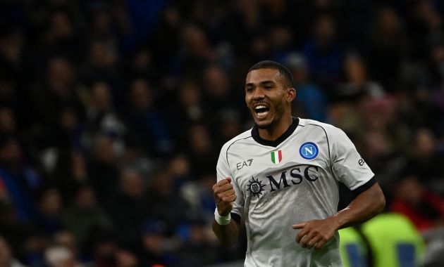 Napoli's Brazilian defender #05 Juan Jesus celebrates after scoring a goal during the Serie A football match between Inter Milan and Napoli at San Siro stadium in Milan, on March 17, 2024. (Photo by Isabella BONOTTO / AFP) (Photo by ISABELLA BONOTTO/AFP via Getty Images)
