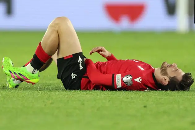 Georgia midfielder and Serie A star Khvicha Kvaratskhelia reacts in pain during the UEFA EURO 2024 qualifying play-off final football match between Georgia and Greece in Tbilisi on March 26, 2024. (Photo by Giorgi ARJEVANIDZE / AFP) (Photo by GIORGI ARJEVANIDZE/AFP via Getty Images)