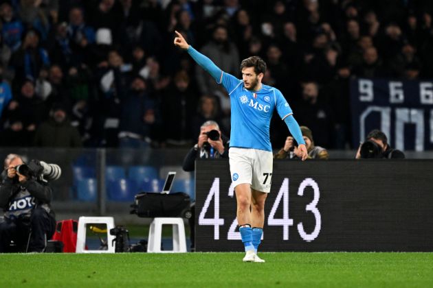 NAPLES, ITALY - MARCH 03: Khvicha Kvaratskhelia of SSC Napoli celebrates scoring his team's first goal during the Serie A TIM match between SSC Napoli and Juventus at Stadio Diego Armando Maradona on March 03, 2024 in Naples, Italy. (Photo by Francesco Pecoraro/Getty Images)