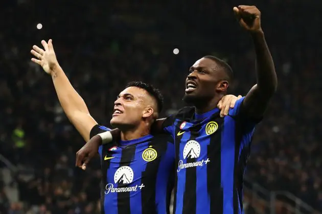 MILAN, ITALY - OCTOBER 29: Marcus Thuram of FC Internazionale celebrates with Lautaro Martinez of FC Internazionale after scoring the team's first goal during the Serie A TIM match between FC Internazionale and AS Roma at Stadio Giuseppe Meazza on October 29, 2023 in Milan, Italy. (Photo by Marco Luzzani/Getty Images)
