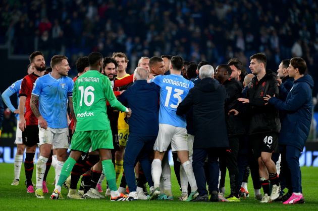 ROME, ITALY - MARCH 01: SS Lazio and AC Milan players react after the Serie A TIM match between SS Lazio and AC Milan Serie A TIM at Stadio Olimpico on March 01, 2024 in Rome, Italy. (Photo by Marco Rosi - SS Lazio/Getty Images)