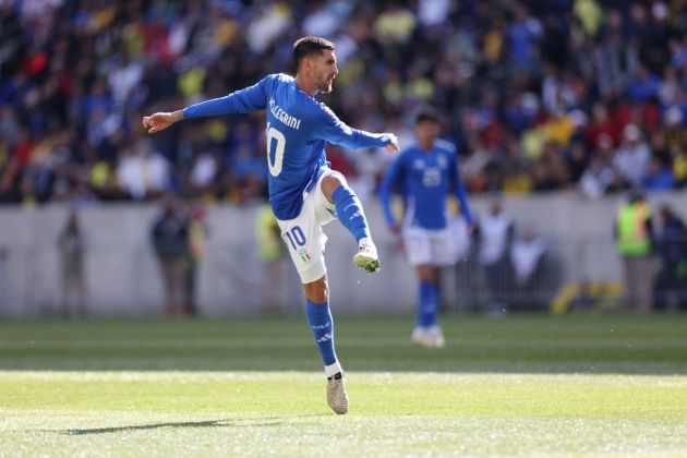 Italy's forward #10 Lorenzo Pellegrini scores his team's first goal during the international friendly football match between Italy and Ecuador at Red Bull Arena in Harrison, New Jersey, on March 24, 2024. (Photo by Charly TRIBALLEAU / AFP) (Photo by CHARLY TRIBALLEAU/AFP via Getty Images)