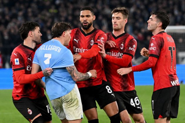 Lazio defender #03 Luca Pellegrini argues with Milan players during the Italian Serie A football match between Lazio and AC Milan on March 01, 2024 at the Olympic stadium in Rome. (Photo by Alberto PIZZOLI / AFP) (Photo by ALBERTO PIZZOLI/AFP via Getty Images)