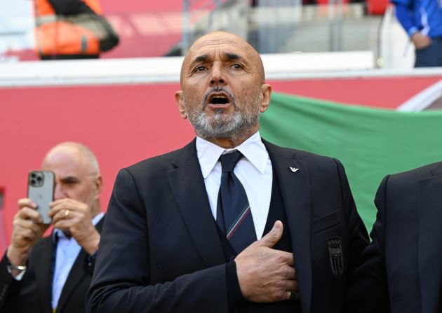 HARRISON, NEW JERSEY - MARCH 24: Head of Italy Luciano Spalletti sing the national anthem prior to the International Friendly match between Ecuador and Italy at Red Bull Arena on March 24, 2024 in Harrison, New Jersey. (Photo by Claudio Villa/Getty Images)