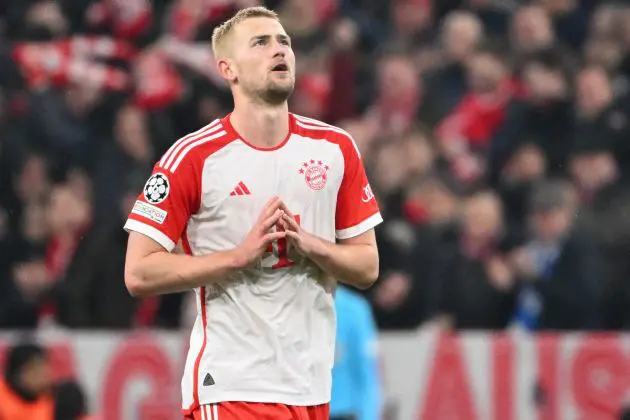 Bayern Munich's Dutch defender #04 Matthijs de Ligt celebrates after the 2-0 goal during the UEFA Champions League round of 16, second-leg football match between FC Bayern Munich and Lazio in Munich, southern Germany on March 5, 2024. (Photo by Kirill KUDRYAVTSEV / AFP) (Photo by KIRILL KUDRYAVTSEV/AFP via Getty Images)