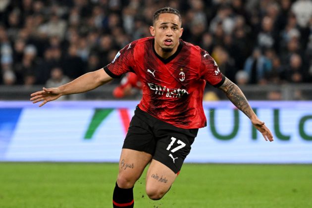 AC Milan's Swiss forward #17 Noah Okafor celebrates after scoring during the Italian Serie A football match between Lazio and AC Milan on March 01, 2024 at the Olympic stadium in Rome. (Photo by Alberto PIZZOLI / AFP) (Photo by ALBERTO PIZZOLI/AFP via Getty Images)