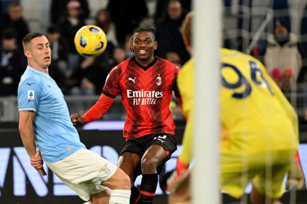 Lazio's Montenegrin defender #77 Adam Marusic fights for the ball with AC Milan's Portuguese forward #10 Rafael Leao during the Italian Serie A football match between Lazio and AC Milan on March 01, 2024 at the Olympic stadium in Rome. (Photo by Alberto PIZZOLI / AFP) (Photo by ALBERTO PIZZOLI/AFP via Getty Images)