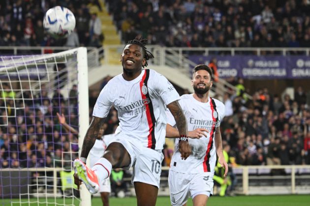 AC Milan's Portuguese forward #10 Rafael Leao (L) celebrates scoring AC Milan's second goal during the Italian Serie A football match between Fiorentina and AC Milan at the Artemio Franchi Stadium, in Florence on March 30, 2024. (Photo by Alberto PIZZOLI / AFP) (Photo by ALBERTO PIZZOLI/AFP via Getty Images)
