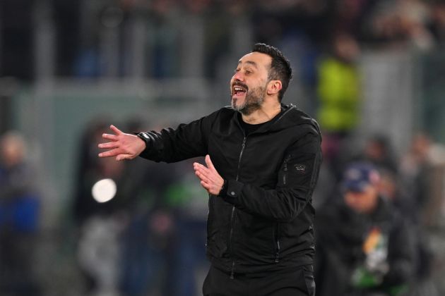 ROME, ITALY - MARCH 07: Roberto De Zerbi, Manager of Brighton & Hove Albion, reacts during the UEFA Europa League 2023/24 round of 16 first leg match between AS Roma and Brighton & Hove Albion at Stadio Olimpico on March 07, 2024 in Rome, Italy. (Photo by Mike Hewitt/Getty Images)