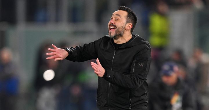ROME, ITALY - MARCH 07: Roberto De Zerbi, Manager of Brighton & Hove Albion, reacts during the UEFA Europa League 2023/24 round of 16 first leg match between AS Roma and Brighton & Hove Albion at Stadio Olimpico on March 07, 2024 in Rome, Italy. (Photo by Mike Hewitt/Getty Images)