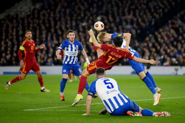 BRIGHTON, ENGLAND - MARCH 14: Sardar Azmoun of AS Roma scores an overhead kick goal that is later disallowed during the UEFA Europa League 2023/24 round of 16 second leg match between Brighton & Hove Albion and AS Roma at the Brighton & Hove Albion Stadium on March 14, 2024 in Brighton, England. (Photo by Mike Hewitt/Getty Images)