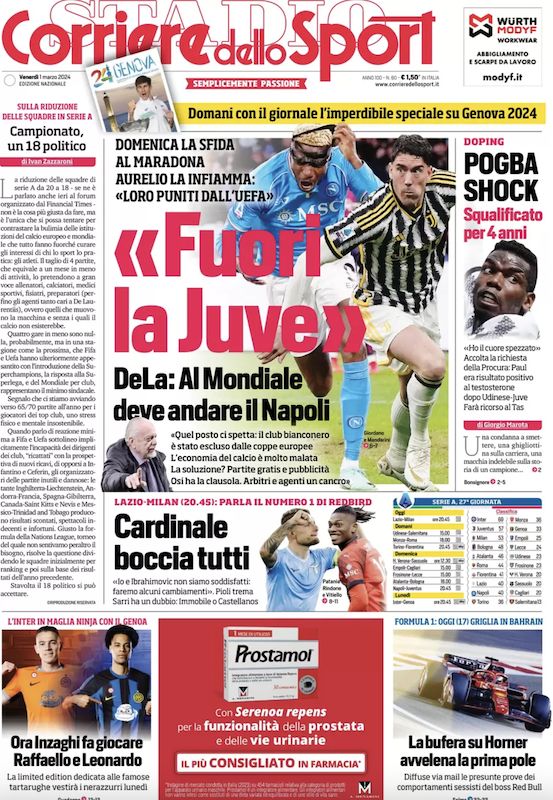 Periódicos de hoy - Pogba sancionado, Cardinale cambia Milán