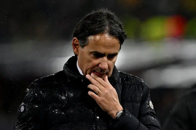 Inter Milan's Italian coach Simone Inzaghi reacts during the Italian Serie A football match between Bologna and Inter Milan at the Renato-Dall'Ara stadium in Bologna on March 9, 2024. (Photo by Gabriel BOUYS / AFP) (Photo by GABRIEL BOUYS/AFP via Getty Images)