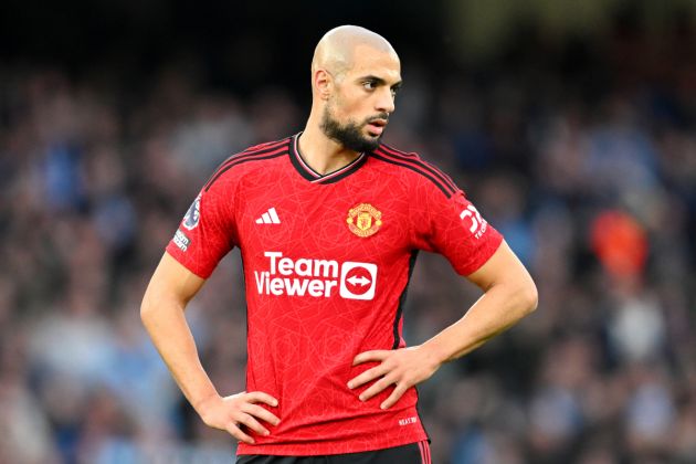MANCHESTER, ENGLAND - MARCH 03: Sofyan Amrabat of Manchester United looks on at full-time following the team's defeat in the Premier League match between Manchester City and Manchester United at Etihad Stadium on March 03, 2024 in Manchester, England. (Photo by Michael Regan/Getty Images)