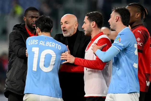Lazio' s Spanish midfielder #10 Luis Alberto argues with AC Milan's Italian coach Stefano Pioli during the Italian Serie A football match between Lazio and AC Milan on March 01, 2024 at the Olympic stadium in Rome. (Photo by Alberto PIZZOLI / AFP) (Photo by ALBERTO PIZZOLI/AFP via Getty Images)