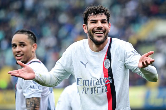 AC Milan's French defender #19 Theo Hernandez celebrates after scoring his team first goal during the Italian Serie A football match between Hellas Verona and AC Milan, at the Marcantonio Bentegodi stadium, in Verona, on March 17, 2024. (Photo by Piero CRUCIATTI / AFP) (Photo by PIERO CRUCIATTI/AFP via Getty Images)