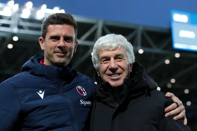 BERGAMO, ITALY - MARCH 03: Thiago Motta, Head Coach of Bologna FC, interacts with Gian Piero Gasperini, Head Coach of Atalanta BC, during the Serie A TIM match between Atalanta BC and Bologna FC - Serie A TIM at Gewiss Stadium on March 03, 2024 in Bergamo, Italy. (Photo by Emilio Andreoli/Getty Images)