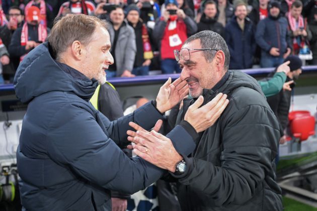 Bayern Munich's German head coach Thomas Tuchel (L) and Lazio's Italian headcoach Maurizio Sarri greet each other prior to the UEFA Champions League round of 16, second-leg football match between FC Bayern Munich and Lazio in Munich, southern Germany on March 5, 2024. (Photo by Kirill KUDRYAVTSEV / AFP) (Photo by KIRILL KUDRYAVTSEV/AFP via Getty Images)